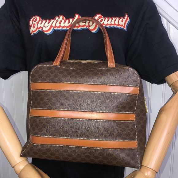 CELINE Macadam Blason Triumph Dark Brown Hand Bag Leather Stripes Authentic - Picture 3 of 17
